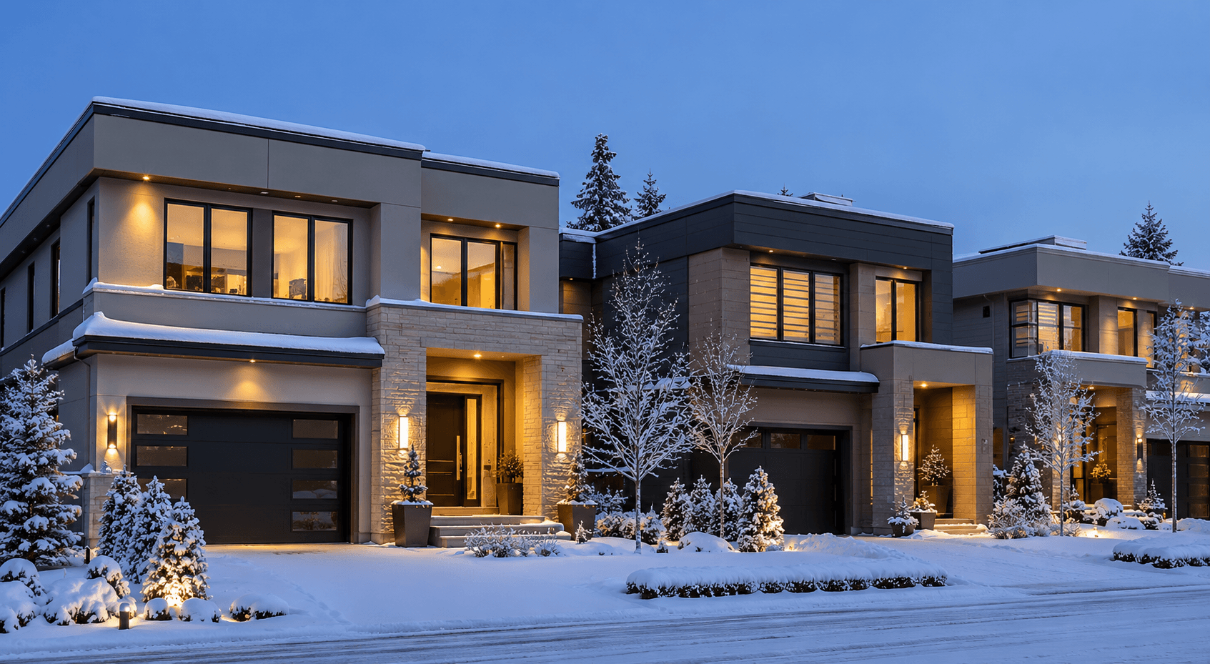 Snowy residential neighborhood representing winter furnace reliability